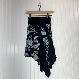 Y2K Bebe Handkerchief Hem Floral Skirt Black Bluebell Rose Print XS